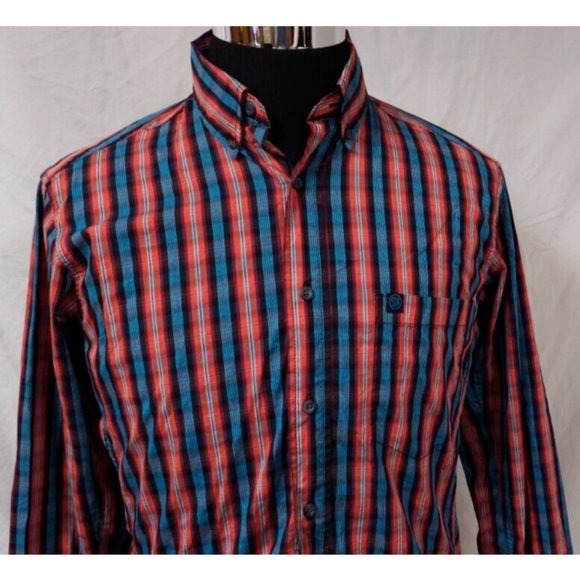 Wrangler Performance Mens Medium Red blue Stripe Long Sleeve Button Logo Shirt - Picture 3 of 11